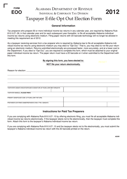 Fillable Form Eoo - Taxpayer E-File Opt Out Election Form - 2012 Printable pdf