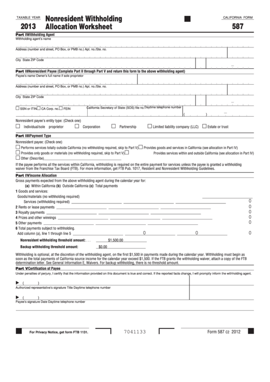 Fillable California Form 587 - Nonresident Withholding Allocation Worksheet - 2013 Printable pdf