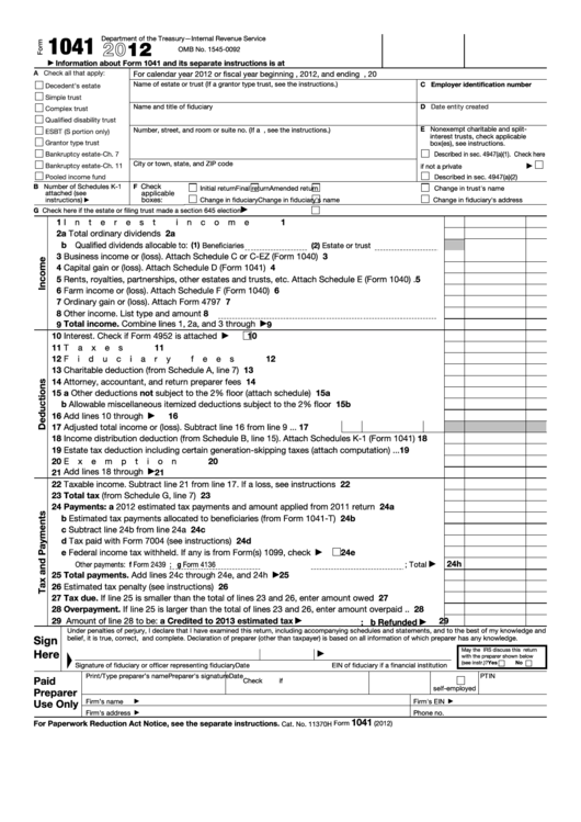 Fillable Form 1041 - U.s. Income Tax Return For Estates And Trusts - 2012 Printable pdf