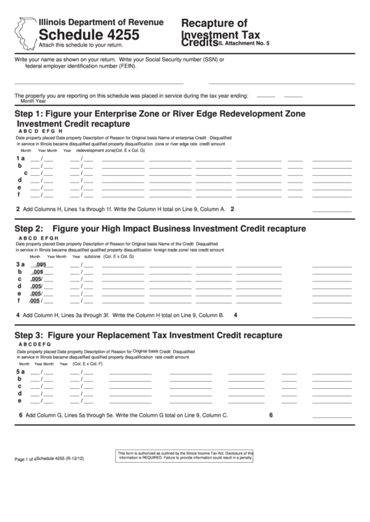 Schedule 4255 - Recapture Of Investment Tax Credits Printable pdf