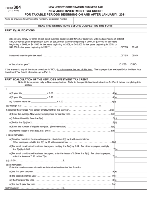 Form 304 - New Jobs Investment Tax Credit - 2011 Printable pdf
