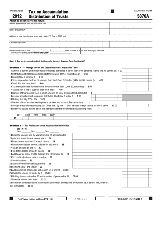 Fillable California Form 5870a - Tax On Accumulation Distribution Of Trusts - 2012 Printable pdf
