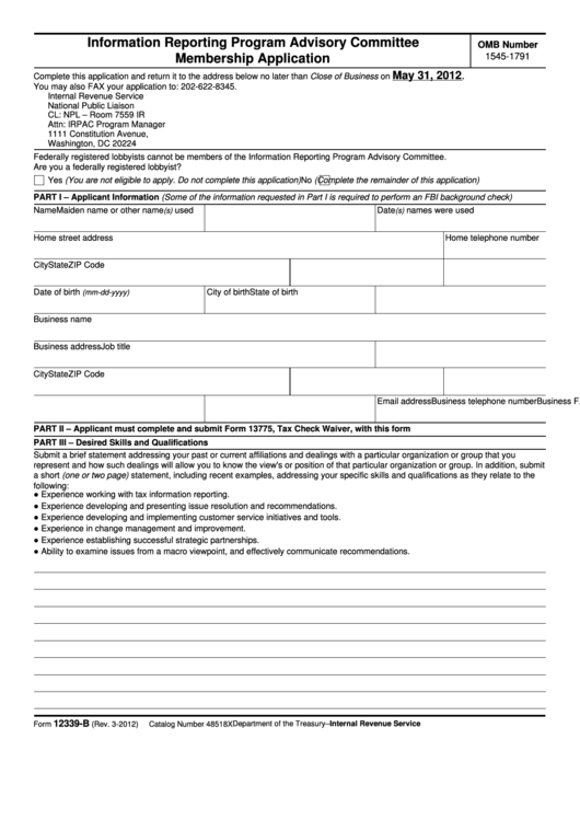 Fillable Form 12339-B - Information Reporting Program Advisory Committee Membership Application - 2012 Printable pdf