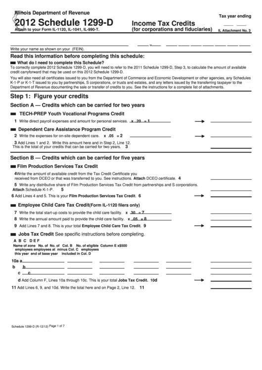 Schedule 1299-D - Attach To Your Form Il-1120, Il-1041, Il-990-T - Income Tax Credits - 2012 Printable pdf