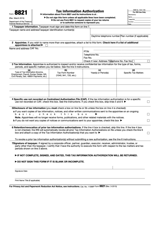 Fillable Form 8821 - Tax Information Authorization Printable pdf