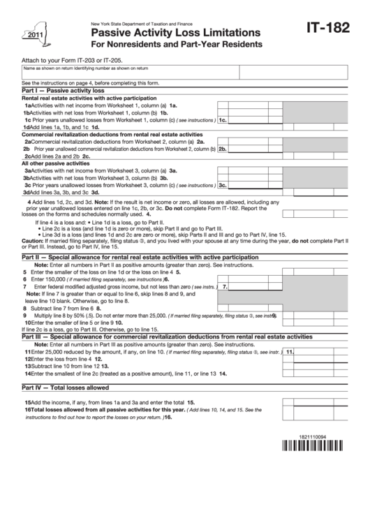 Fillable Form It-182 - Passive Activity Loss Limitations For Nonresidents And Part-Year Residents - 2011 Printable pdf