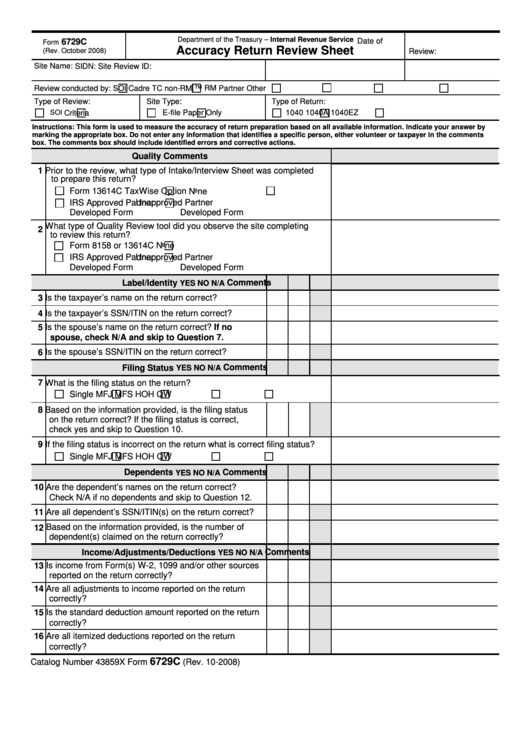 Fillable Form 6729c - Accuracy Return Review Sheet Printable pdf