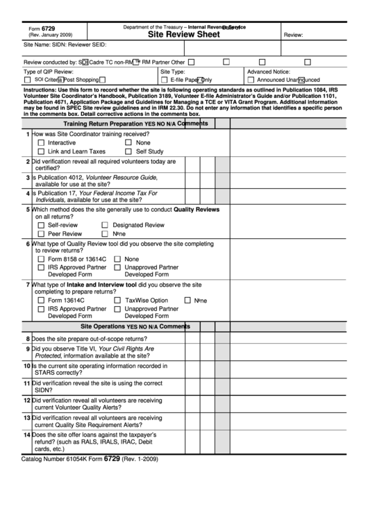 Fillable Form 6729 - Site Review Sheet Printable pdf