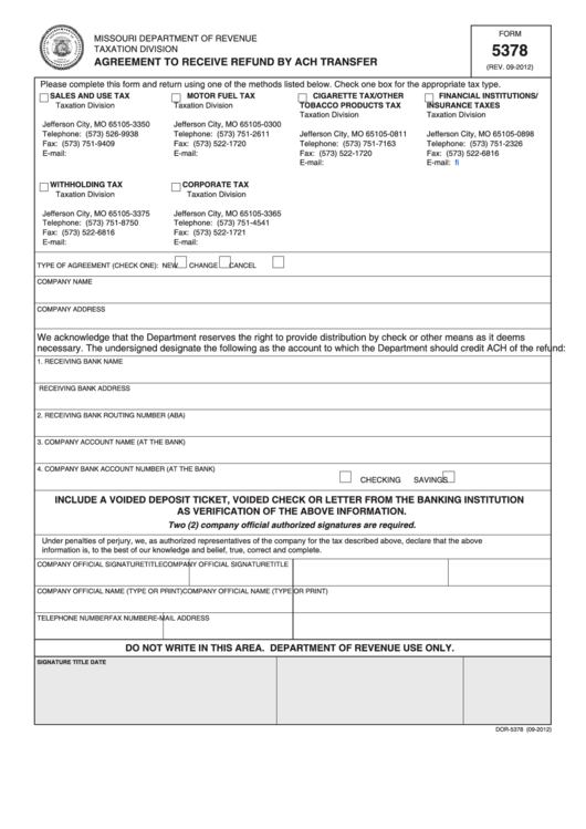 Fillable Form 5378 - Agreement To Receive Refund By Ach Transfer Printable pdf
