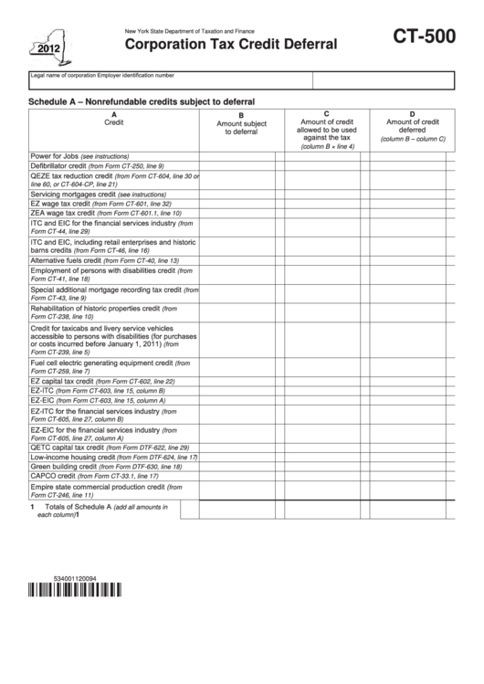 Form Ct-500 - Corporation Tax Credit Deferral - 2012 Printable pdf