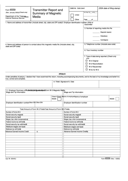 Fillable Form 6559 - Transmitter Report And Summary Of Magnetic Media Printable pdf