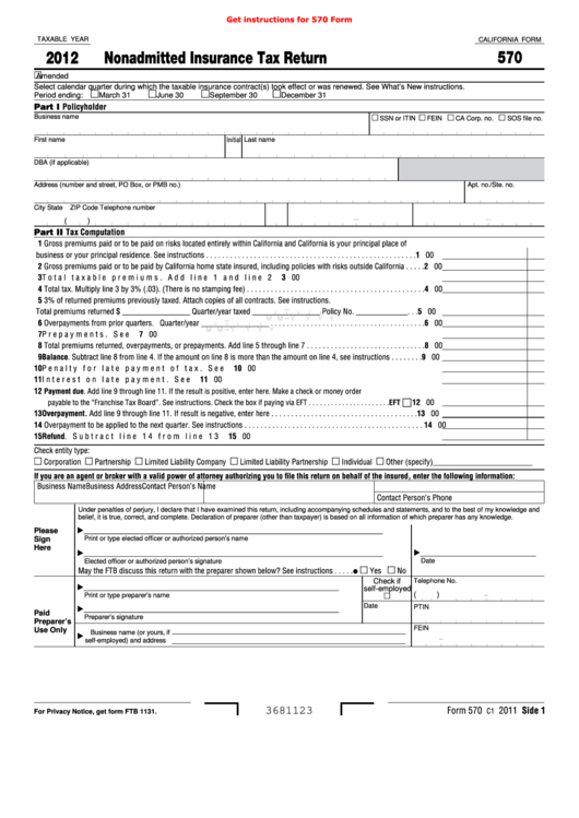 Fillable California Form 570 - Nonadmitted Insurance Tax Return - 2012 Printable pdf