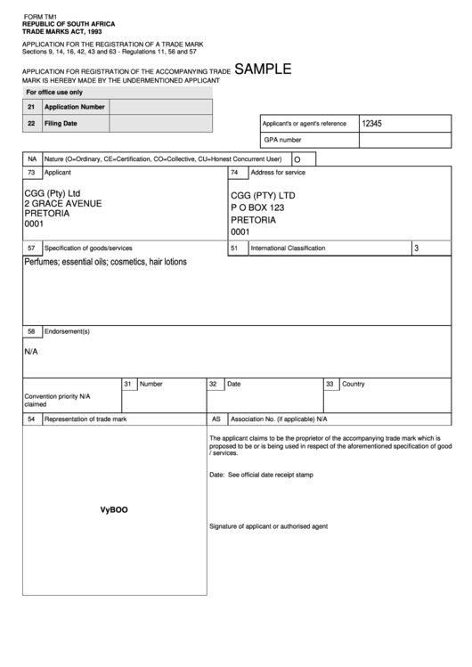 Sample Form Tm1 - Application For The Registration Of A Trade Mark Printable pdf