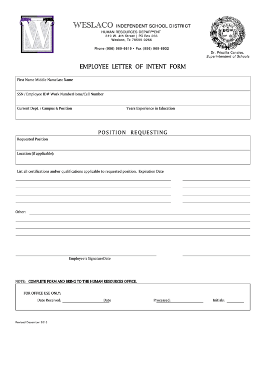 Employee Letter Of Intent Form Printable pdf