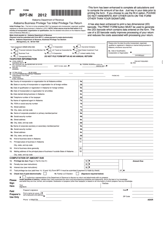Fillable Form Bpt-In - Alabama Business Privilege Tax Initial Privilege Tax Return - 2012 Printable pdf