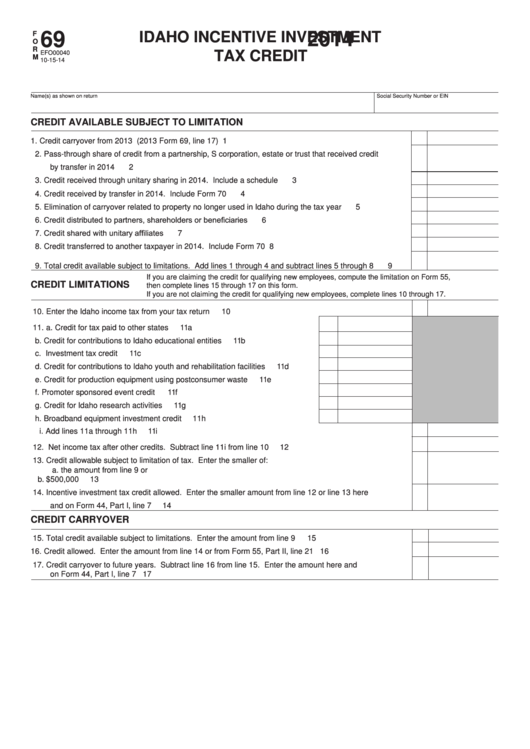 Fillable Form 69 - Idaho Incentive Investment Tax Credit - 2014 Printable pdf