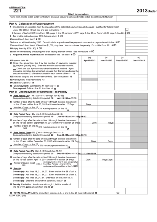 Fillable Arizona Form 221 - Underpayment Of Estimated Tax By Individuals - 2013 Printable pdf