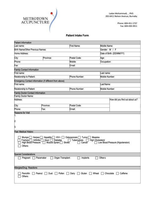 Acupunture Patient Intake Form Printable pdf