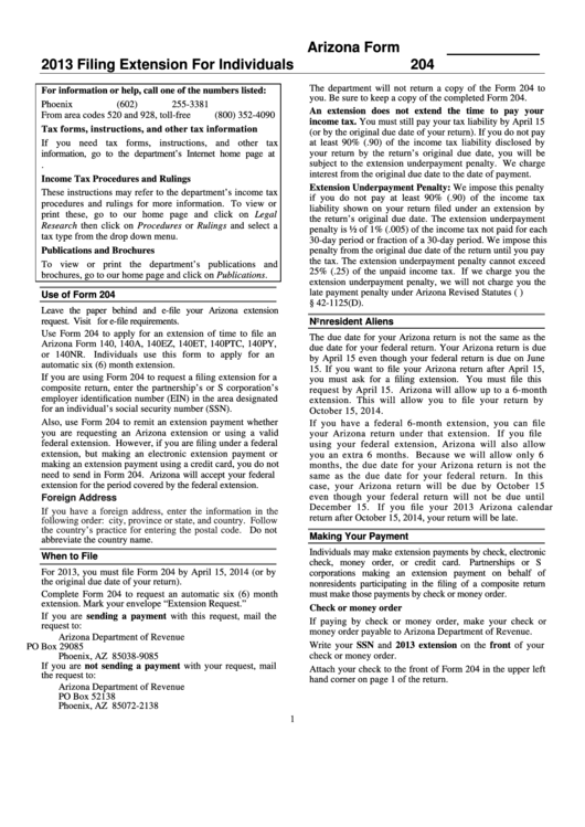 Arizona Form 204 - Filing Extension For Individuals - 2013 Printable pdf