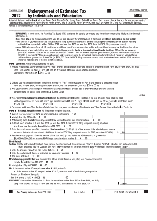 Fillable California Form 5805 - Underpayment Of Estimated Tax By Individuals And Fiduciaries - 2012 Printable pdf
