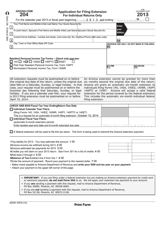 Fillable Arizona Form 204 - Application For Filing Extension For Individual Returns Only - 2013 Printable pdf