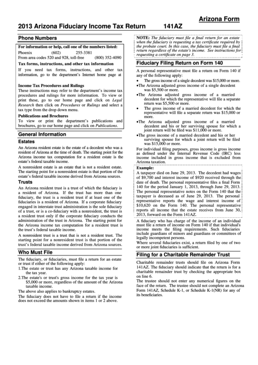 Instructions For Arizona Form 141az - 2013 Printable pdf