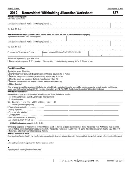 Fillable California Form 587 - Nonresident Withholding Allocation Worksheet - 2012 Printable pdf
