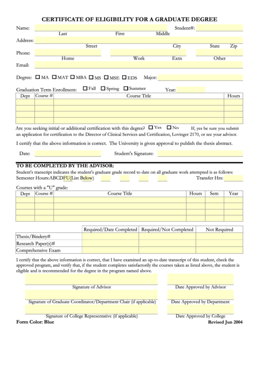 Certificate Of Eligibility For A Graduate Degree Printable pdf