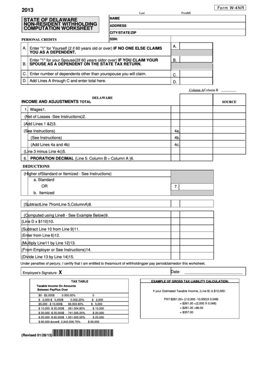 Fillable Form W-4nr - Non-Resident Withholding Computation Worksheet - 2013 Printable pdf