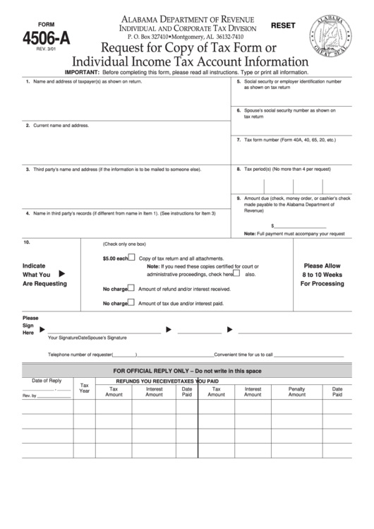 Fillable Form 4506-A - Request For Copy Of Tax Form Or Individual Income Tax Account Information Printable pdf