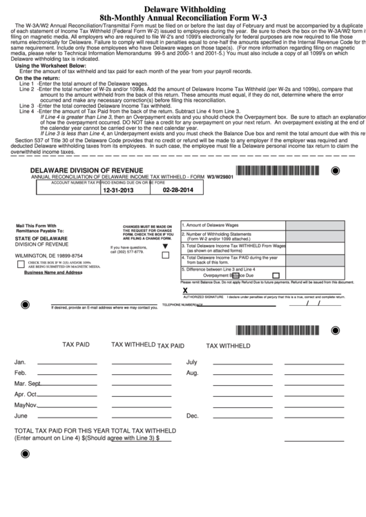 Fillable Form W-3 - Delaware Withholding 8th-Monthly Annual Reconciliation Printable pdf