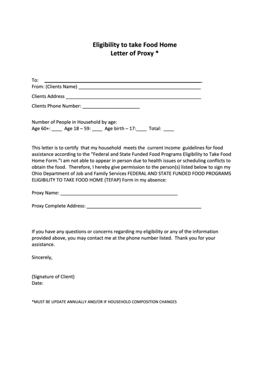 Eligibility To Take Food Home Letter Of Proxy Form Printable pdf