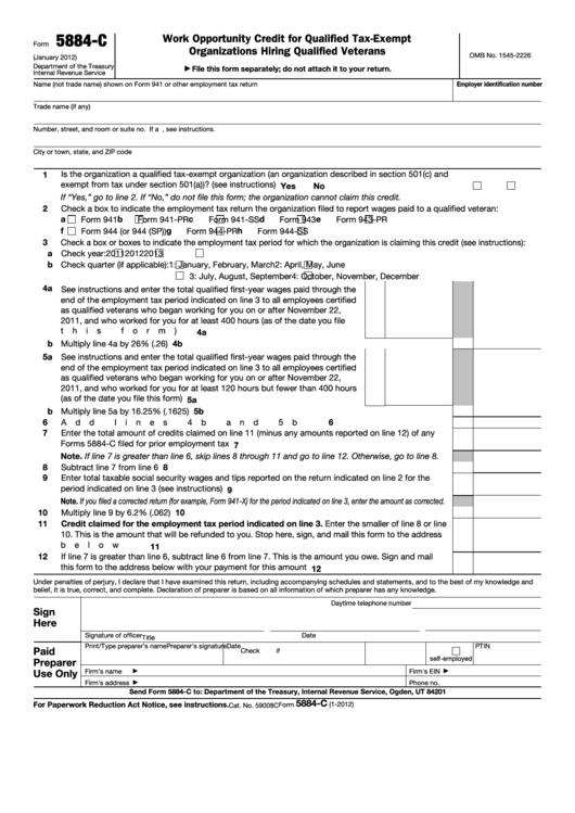 Fillable Form 5884-C - Work Opportunity Credit For Qualified Tax-Exempt Organizations Hiring Qualified Veterans Printable pdf