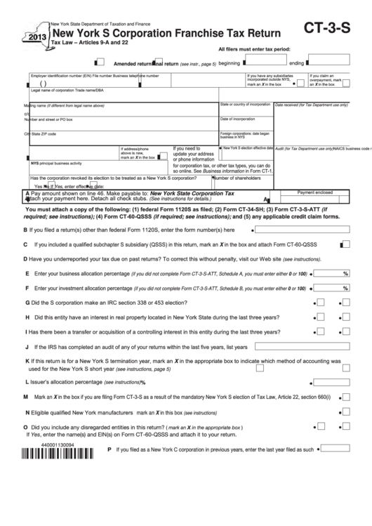 Form Ct-3-S - New York S Corporation Franchise Tax Return - 2013 Printable pdf
