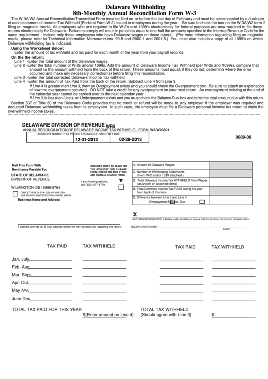 Fillable Form W-3 - Delaware Withholding 8th-Monthly Annual Reconciliation Form Printable pdf