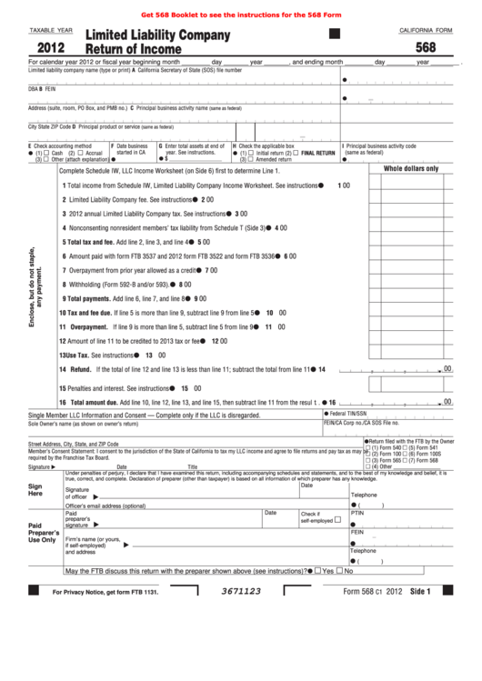 California Form 568 - Limited Liability Company Return Of Income - 2012
