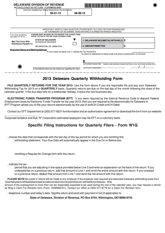Fillable Form W1q - Delaware Quarterly Withholding Form - 2013 Printable pdf