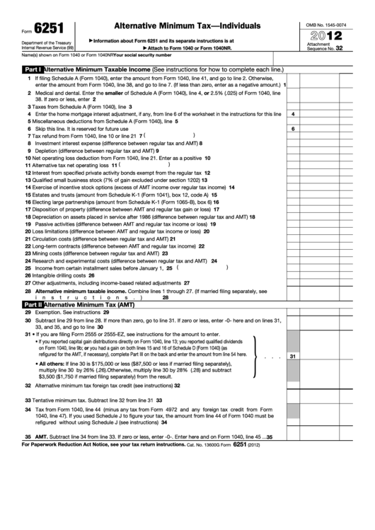 Fillable Form 6251 - Alternative Minimum Tax - Individuals - 2012 Printable pdf