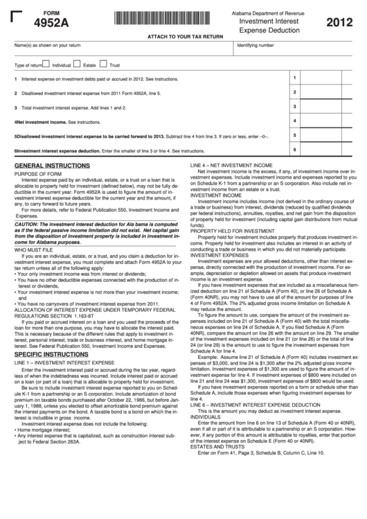 Fillable Form 4952a - Investment Interest Expense Deduction - 2012 Printable pdf
