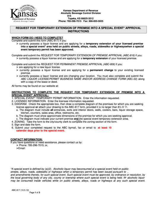 Request For Temporary Extension Of Premise Into A Special Event* Approval Instructions - 2012 Printable pdf
