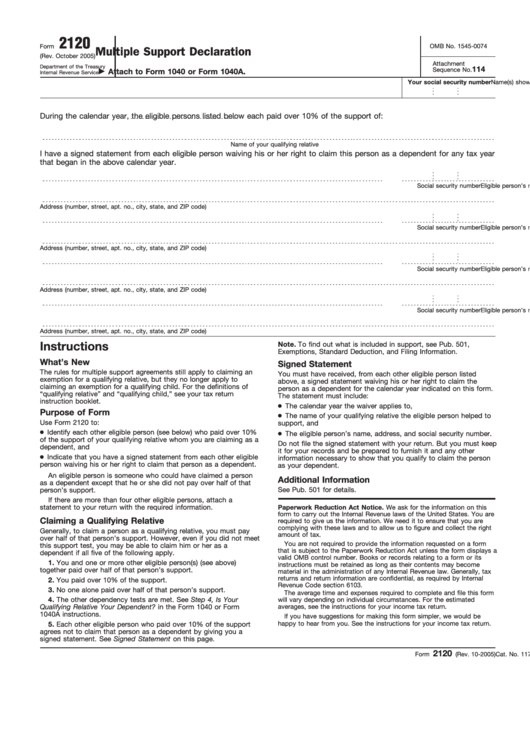 Fillable Form 2120 - Multiple Support Declaration Printable pdf