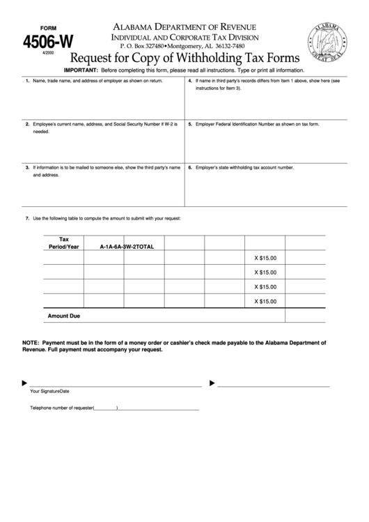 Form 4506-W - Request For Copy Of Withholding Tax Forms Printable pdf