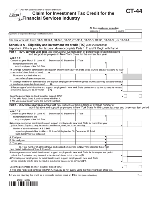 Form Ct-44 - Claim For Investment Tax Credit For The Financial Services Industry - 2013 Printable pdf