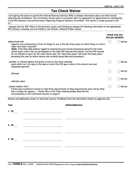 Fillable Form 12339-A - Tax Check Waiver Printable pdf