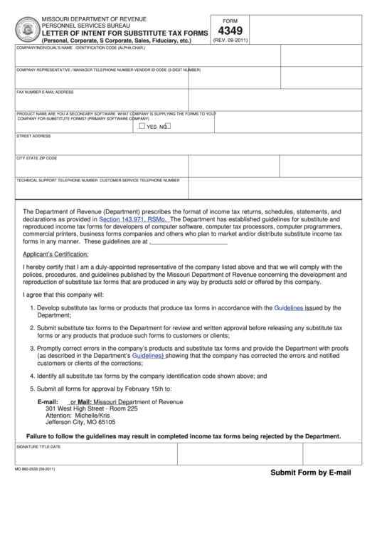 Fillable Form 4349 - Letter Of Intent For Substitute Tax Forms Printable pdf