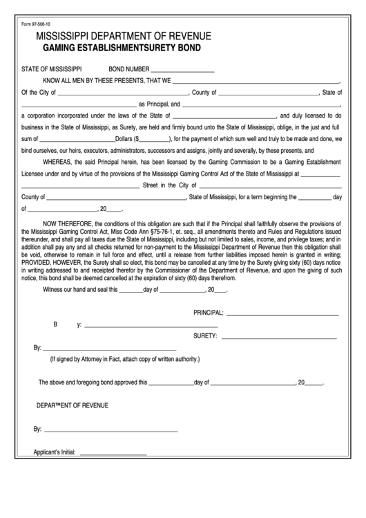 Form 97-506-10 - Gaming Establishment Surety Bond Printable pdf