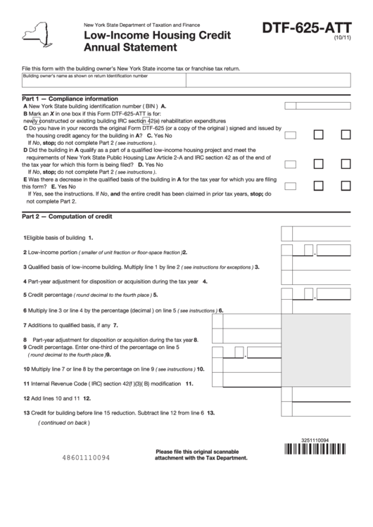 Fillable Form Dtf-625-Att - Low-Income Housing Credit Annual Statement Printable pdf