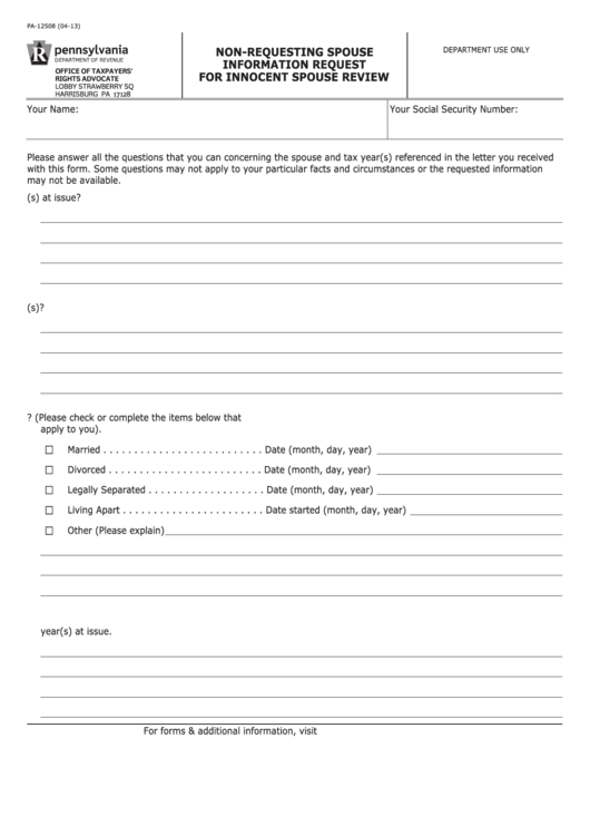 Form Pa-1250 - Non-Requesting Spouse Information Request For Innocent Spouse Review Printable pdf