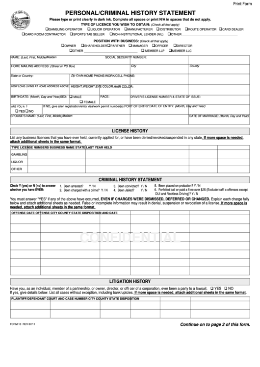Fillable Form 10 - Personal/criminal History Statement Printable pdf