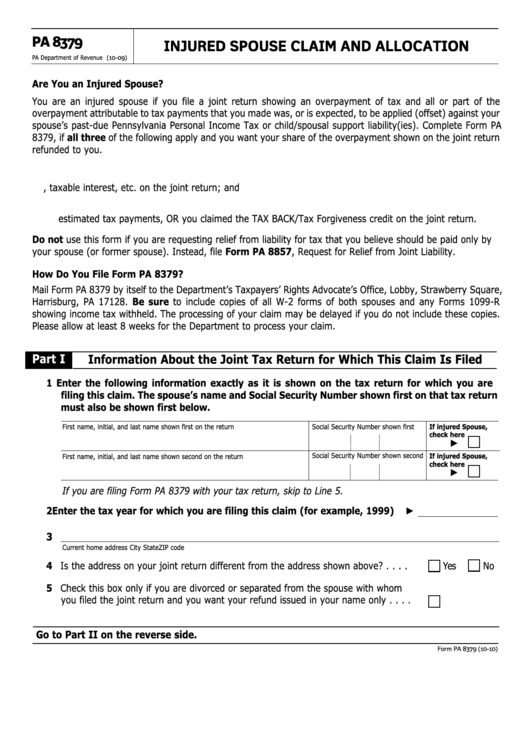 Fillable Form Pa 8379 - Injured Spouse Claim And Allocation Printable pdf
